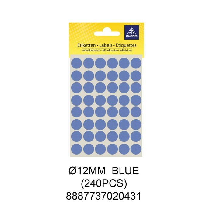 MAYSPIES MS012 COLOUR DOT LABEL / 5 SHEETS/PKT / 240PCS / ROUND 12MM BLUE